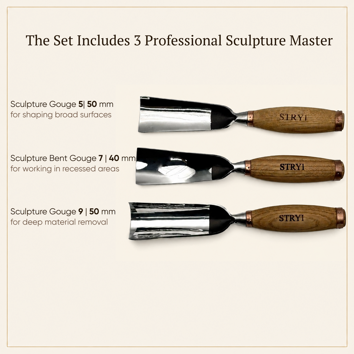 Sculpture tools set STRYI Profi 3pcs, Heavy-duty chisels set, Forged steel tools