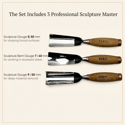 Sculpture tools set STRYI Profi 3pcs, Heavy-duty chisels set, Forged steel tools