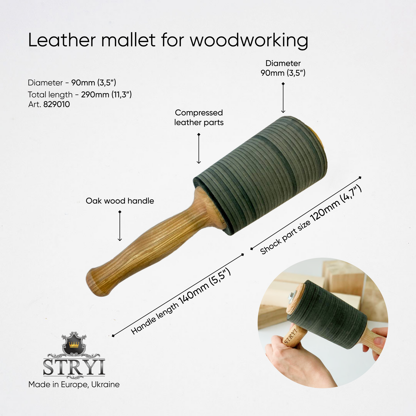 Leather mallet STRYI for woodworking, Stone processing, Hammer, Woodworking mallet, Sculpture Carving mallet