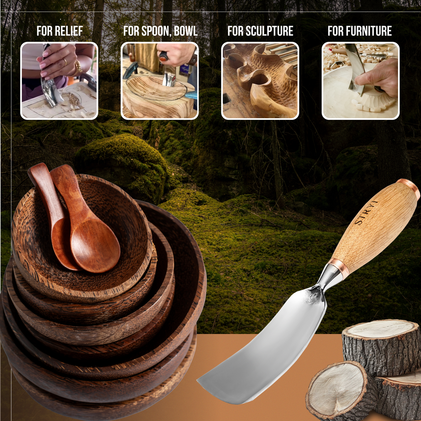 Hollowing Bowl & Kuksa Set: 4-Piece STRYI Profi Bowl & Kuksa Carving Set