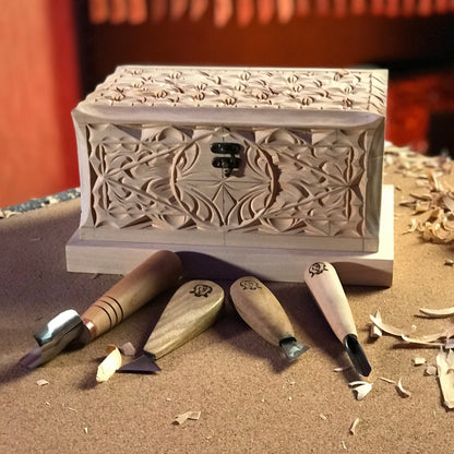 Wooden Blank Jewelry Box for Carving and Decoupage, Basswood Craft Box for Chip Carving, Geometric Patterns, Handmade Gift