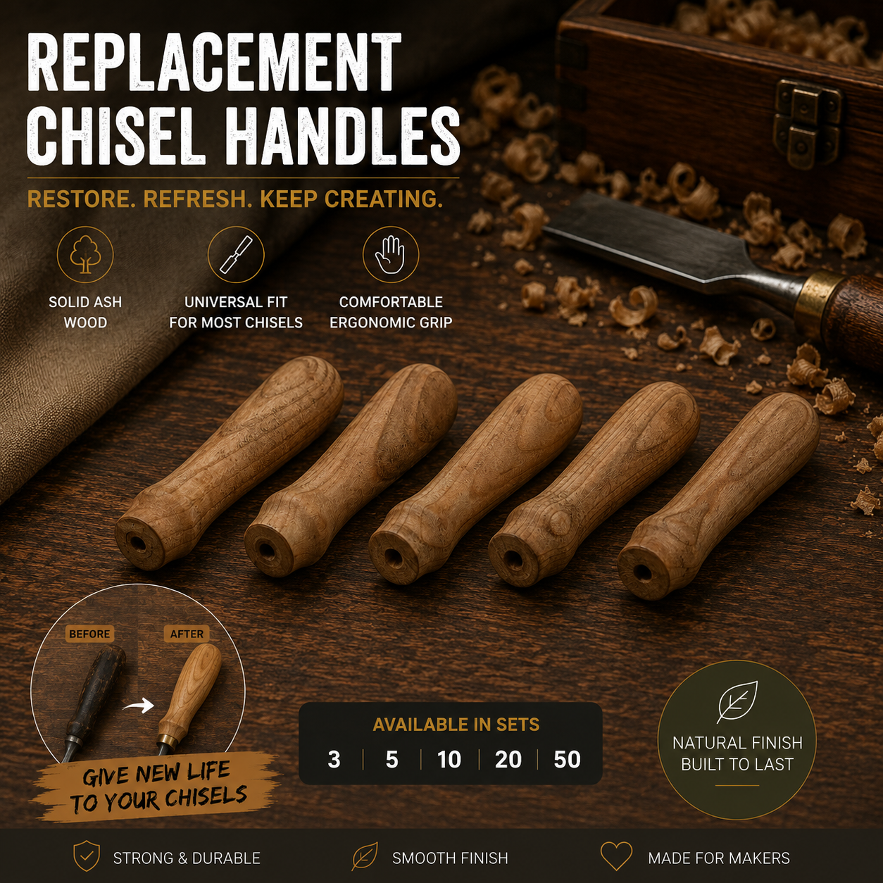 Heavy duty Oak Wood Chisel Handles | Wood Chisel Handles with Double Copper Rings | Reinforced Replacement Grips for Framing
