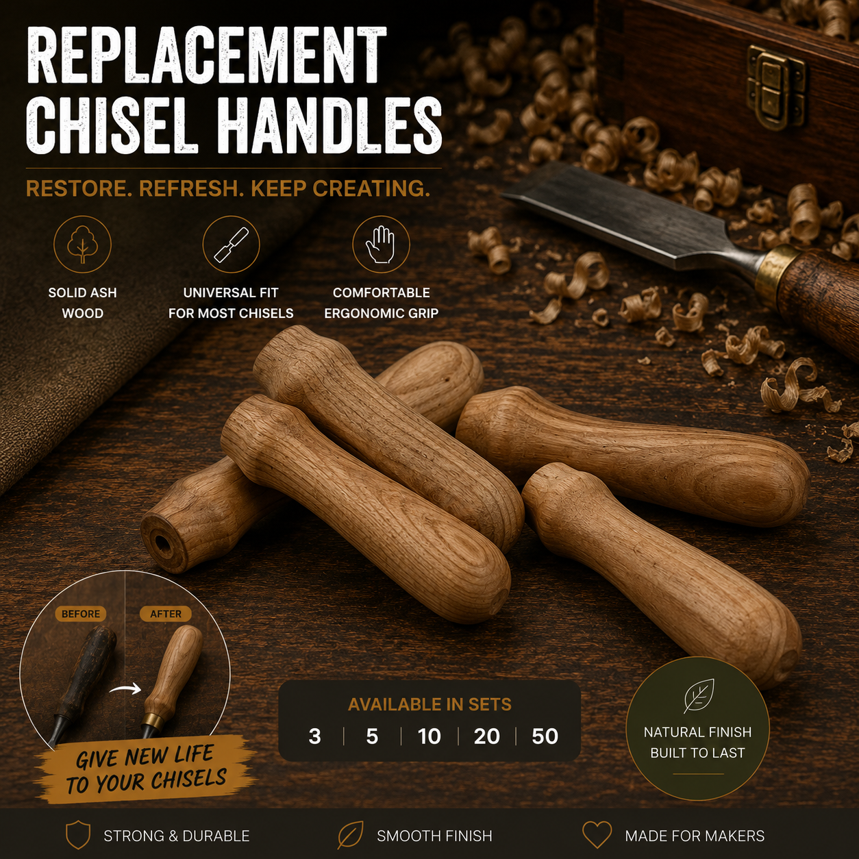 Heavy duty Oak Wood Chisel Handles | Wood Chisel Handles with Double Copper Rings | Reinforced Replacement Grips for Framing