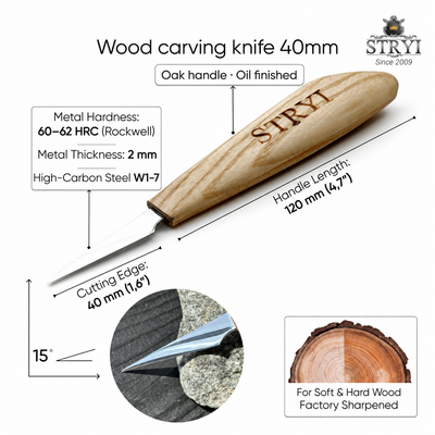 Wood Carving Knife , 40mm Blade, Detail Knife STRYI Profi — for Woodcarving