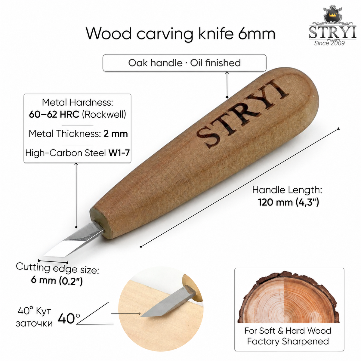 Wood Carving Knife, 6mm Blade, Short Skewed Detailing Knife STRYI — for Carving Tiny