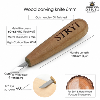 Wood Carving Knife, 6mm Blade, Short Skewed Detailing Knife STRYI — for Carving Tiny