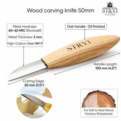 Carving Knife, 50mm Blade, Sloyd/Whittling Knife STRYI Profi — for Woodcarving