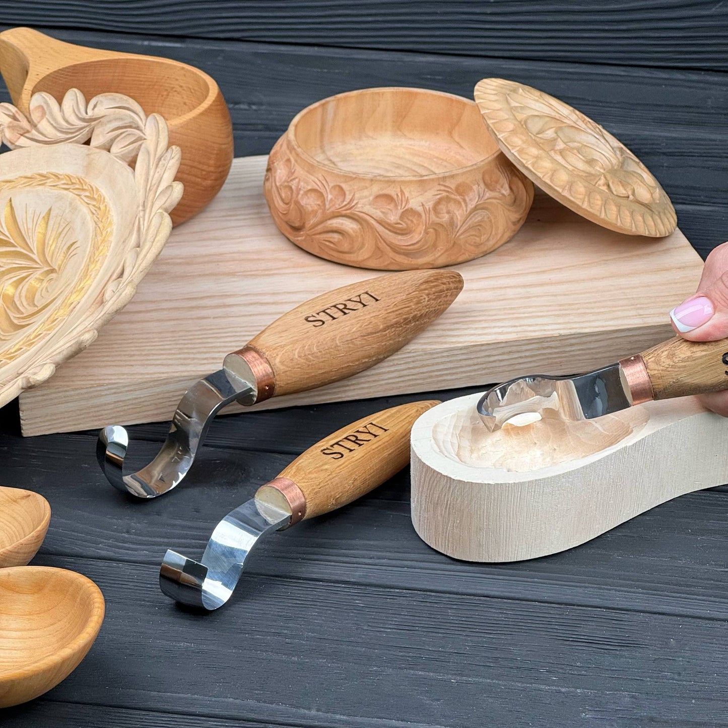 STRYI Profi 3-Piece Kuksa & Spoon Carving Hook Knife Set