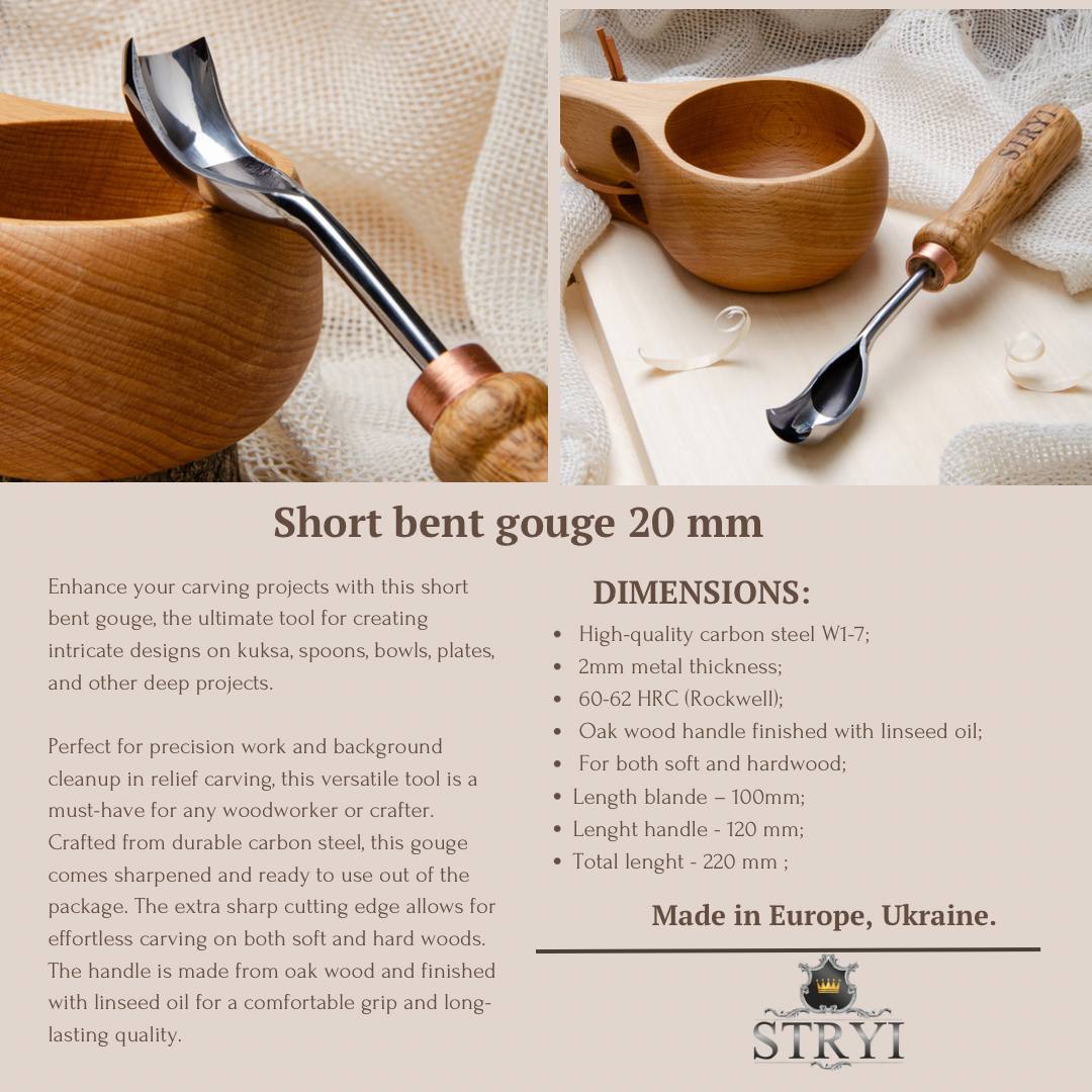 STRYI Profi Short Bent Gouge 0.8 in (20mm) for Wood Carving and Detailed Hollowing