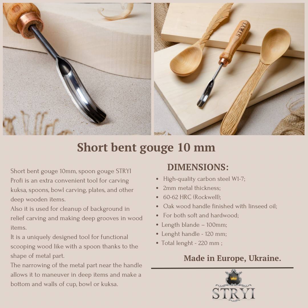 STRYI Profi Short Bent Gouge 0.4 in (10mm)  for Wood Carving and Detailed Hollowing