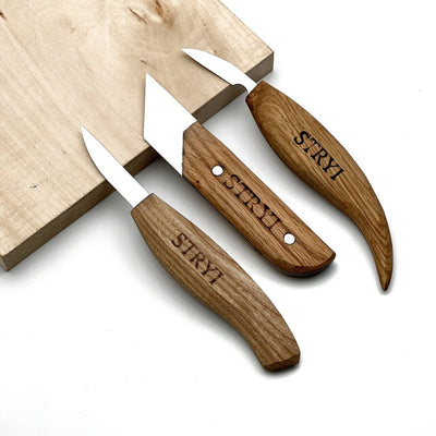 Wood Carving Knives set of 3pcs STRYI Profi in Wooden Storage Box