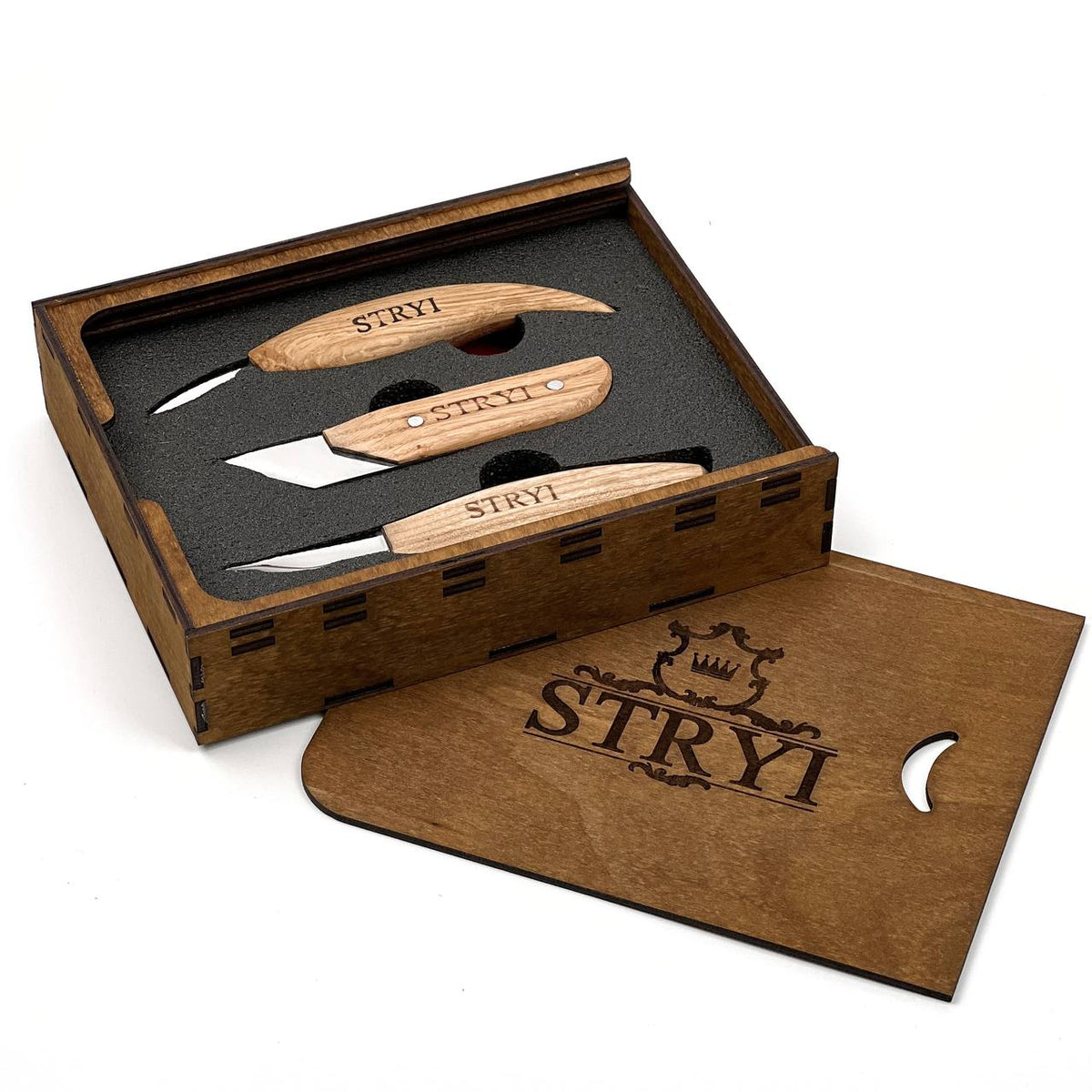 Wood Carving Knives set of 3pcs STRYI Profi in Wooden Storage Box