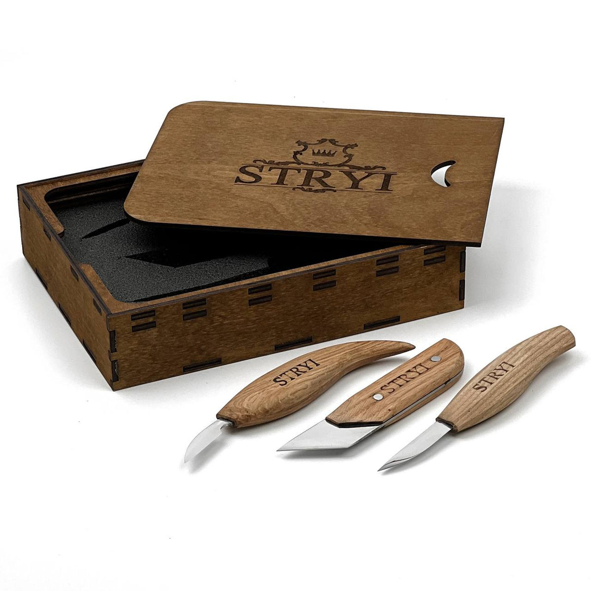 Wood Carving Knives set of 3pcs STRYI Profi in Wooden Storage Box